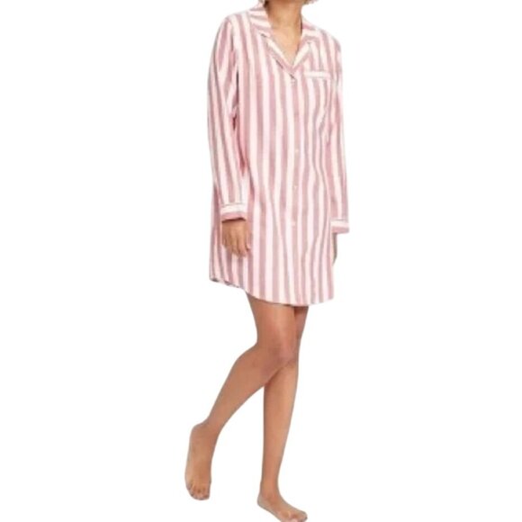 Red & White Striped Button-Down Nightshirt By Stars Above Long Sleeves Flannel L - Picture 3 of 11